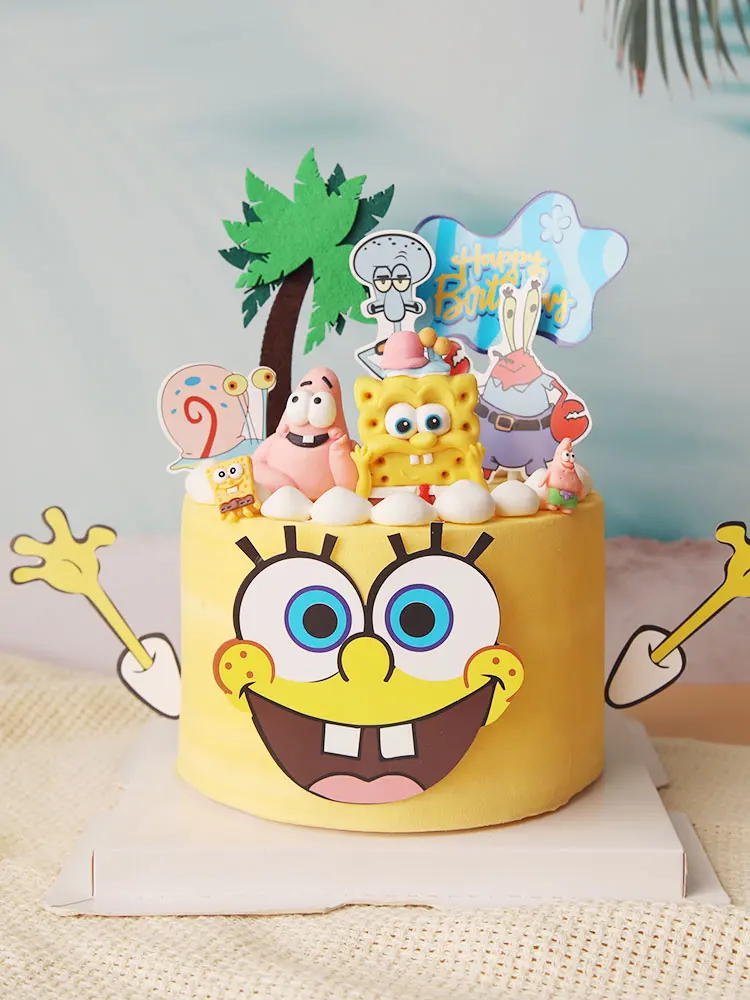 Yellow Sponge Baby Theme Cake Toppers for Birthday Party Cartoon Baby Shower First Birthday Cake Decoration Supplies Gifts Toy