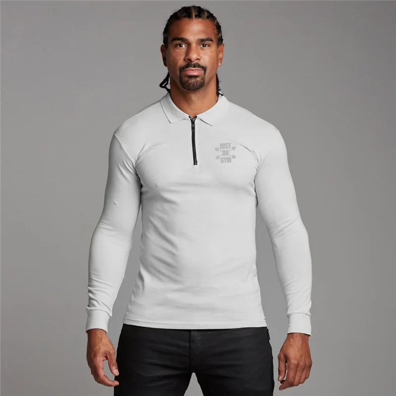 New Gyms Fashion Men's Clothing Workout Casual Polo Shirts Muscle Sports Long Sleeve Sporting Fitness Zipper  Shirt