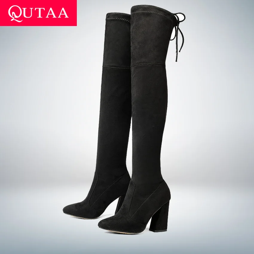 QUTAA Nuovo Flock Leather Donna Stivali sopra il ginocchio Lace Up Sexy Tacchi alti Autunno Donna Scarpe Invernali Stivali da donna Taglia 34-43