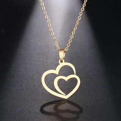DOTIFI Stainless Steel Necklace For Women Man Hollow Double Heart Choker Pendant Charms Necklace Engagement Jewelry