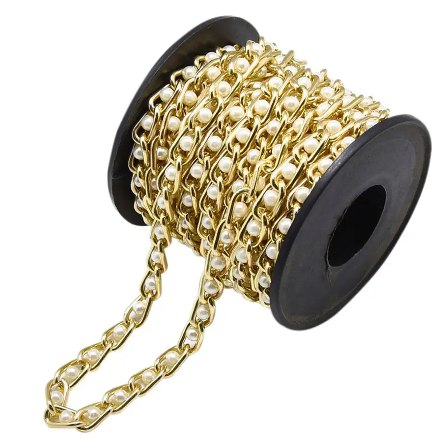 

Golden Aluminium Curb Chains roll with ABS Plastic Imitation Pearl Unwelded Spool Link Chain for Bracelet DIY Jewelry Making 5m