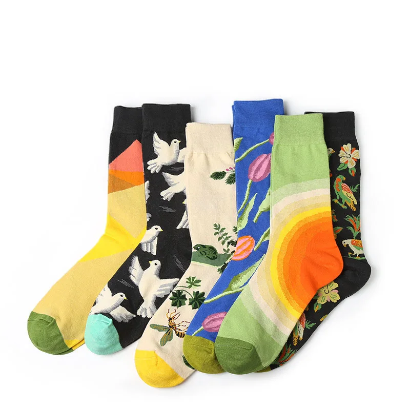 1 Pair Art Socks New Men Women Cotton Socks Couple Funny Socks Flower Bird Long Colorful Socks EUR39-44