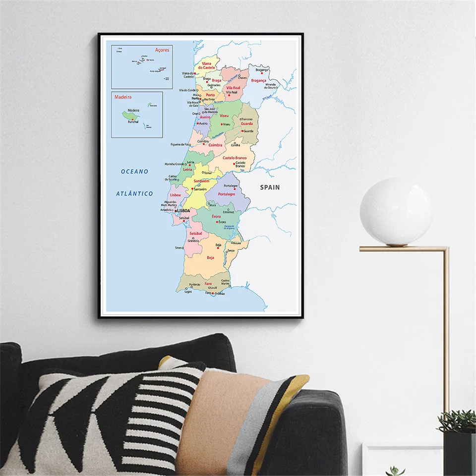 Mapa político de portugal, arte da parede, 60*90cm, poster de pintura em tela, decoração de casa, sala de aula, material escolar, português