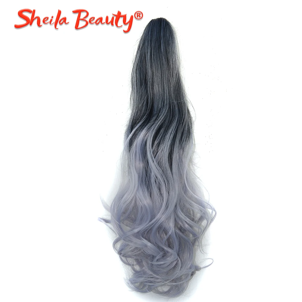 Ombre Grey Drawstring Ponytail Long Wavy Curly Overhead Ponytail Clip in Hair Extensions de cabello Natural Synthetic Hairpieces