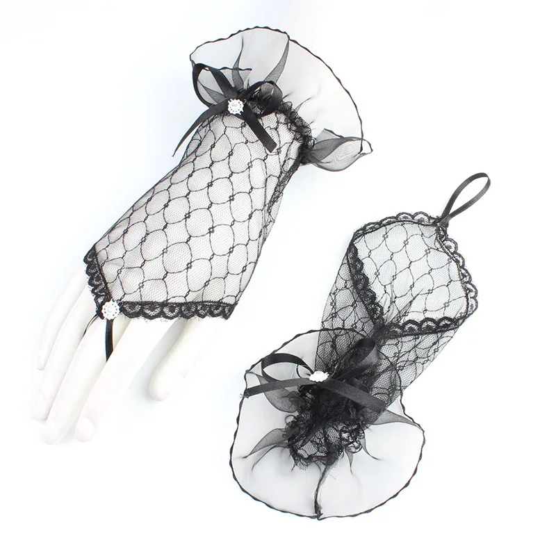 

Women Wedding Elastic Mesh Cloth Party Formal Etiquette Mitten Nightclub Sexy Lace Rhinestone Princess Erotic Dance Glove I85