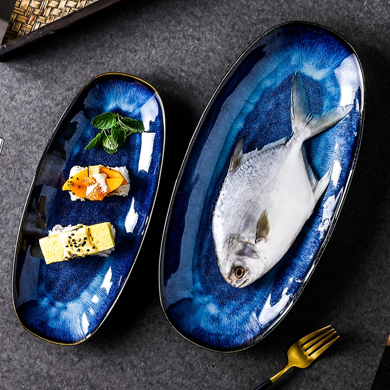 KINGLANG Japanese style kiln cat eye blue fish plate household steamed fish plate large glaze color creative sushi plate