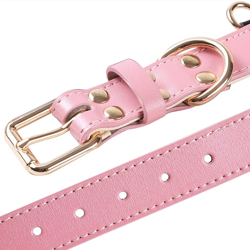 Real Leather Dog Collar for Puppy, Small, Medium and Large Breed Dogs Soft Padded Dog Collars pink color