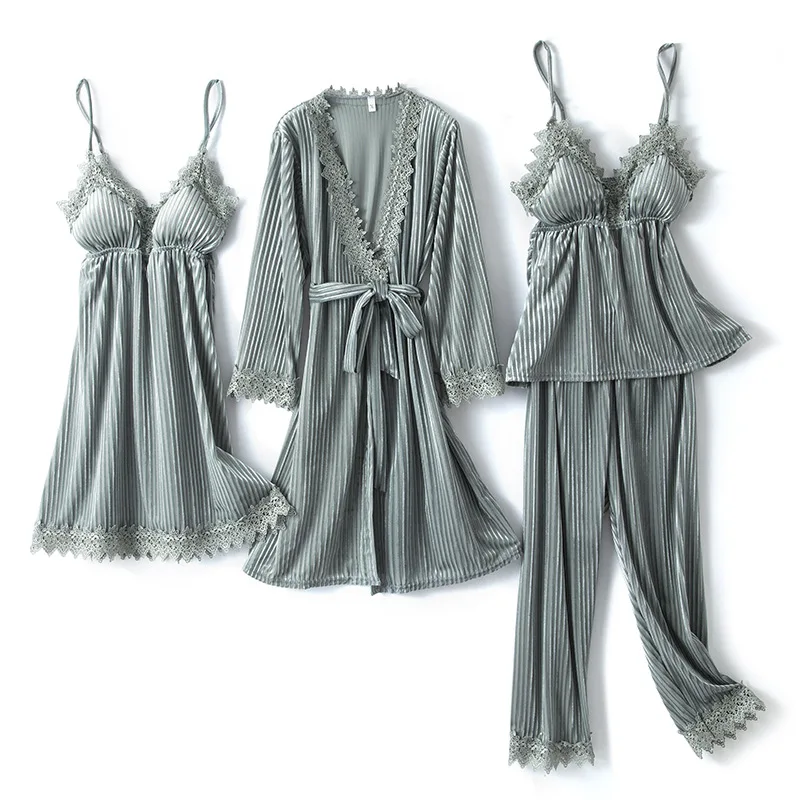 Autumn Winter Women Sleepwear Set Bathrobe Nightwear Striped Velour Pajamas Sexy Sleep Set Pijamas Suit Long Sleeve Homewear