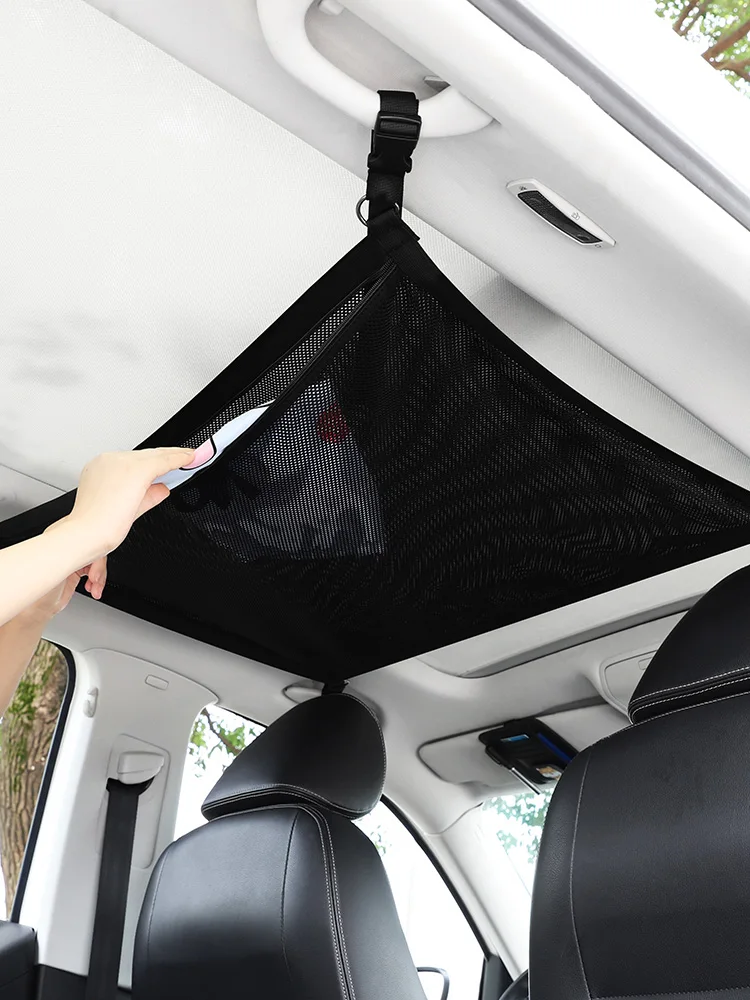 Universal Car Ceiling Roof Interior Cargo Zipper Net Storage Bag Sundries Organizer Adjustable Mesh Pocket For SUV Hanging Bag