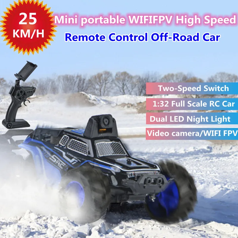 wifI FPV Mini Portable High Speed Off-Road RC Car 1:32 Strong Shock Absorber Video Camera Dual LED Light Remote Control Car Toy