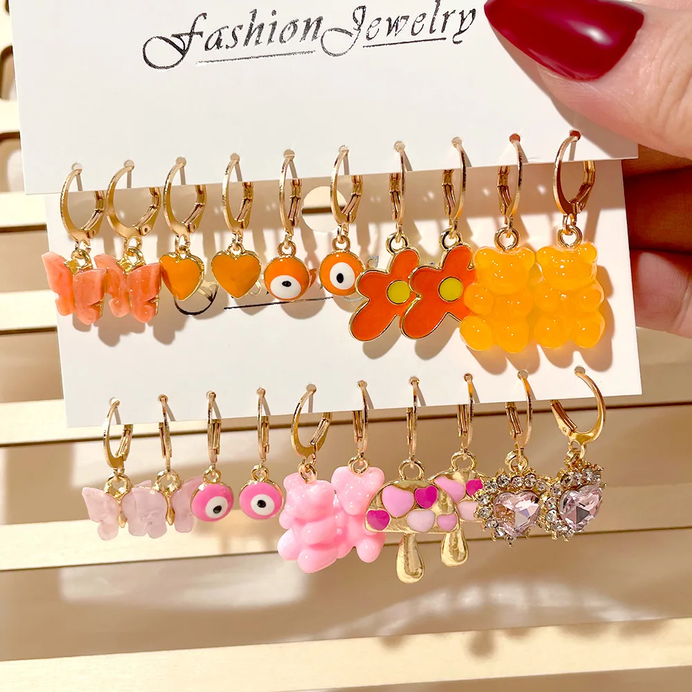 Candy Color Resin Bear Hoop Earrings For Women Rainbow Animal Huggie Earrings Set Cute Cartoon Earring Korean Y2K Jewelry 2022