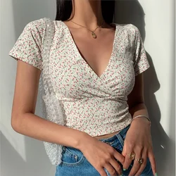 Camiseta floral retrô francesa com decote em v feminina, blusa de manga curta, slim fit, emagrecedora, selvagem, cintura alta, verão