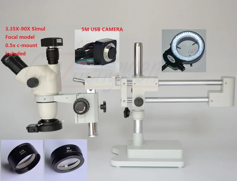 FYSCOPE 3.35X-90X ! DOUBLE BOOM STAND TRINOCULAR SIMUL FOCAL HEAD INSPECT STEREO ZOOM MICROSCOPE+5M USB CAMERA