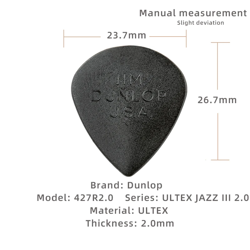 Dunlop  Pick. 427R 2.0  Classic JAZZ 3 ULTEX material Hard and wear-resistant acoustic/electric guitar picks. Thickness: 2.00mm.