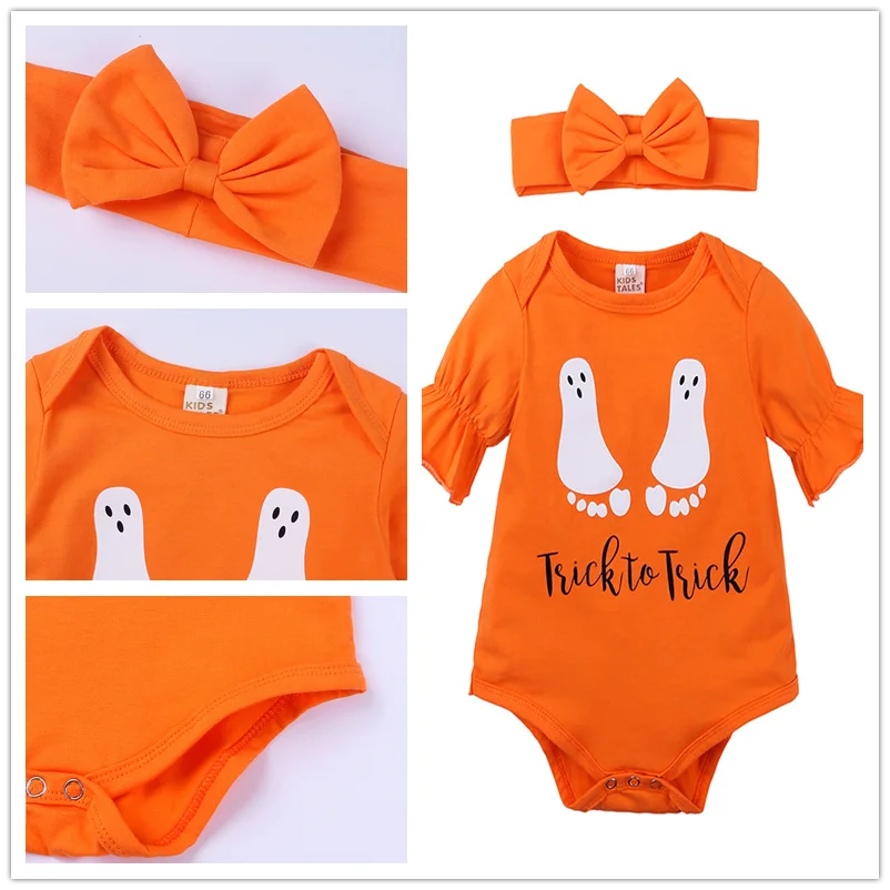 

HOOYI Halloween Bodysuits Baby Girl Clothes Newborn Headbands Short Sleeve Romper Ghost Children's Tops