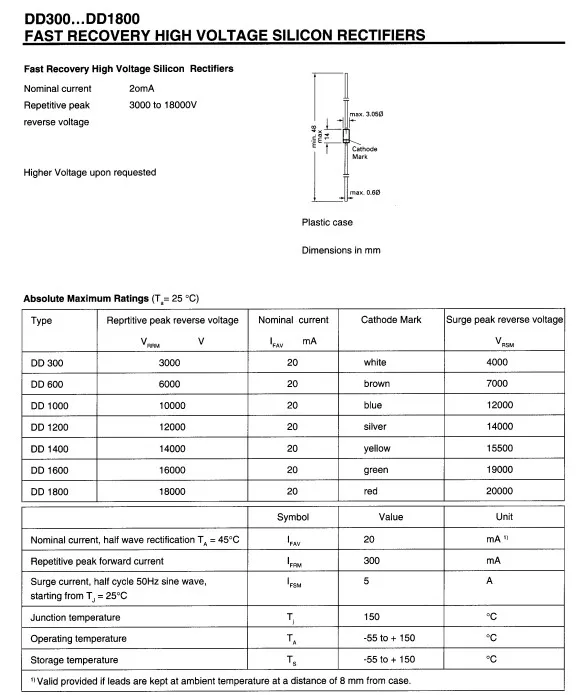 Free shipping 20mA DD1000=10KV DD1200=12KV DD1400=14KV DD1600=16KV DD1800=18KV φ3*12MM Fast Recovery High Voltage Diodes