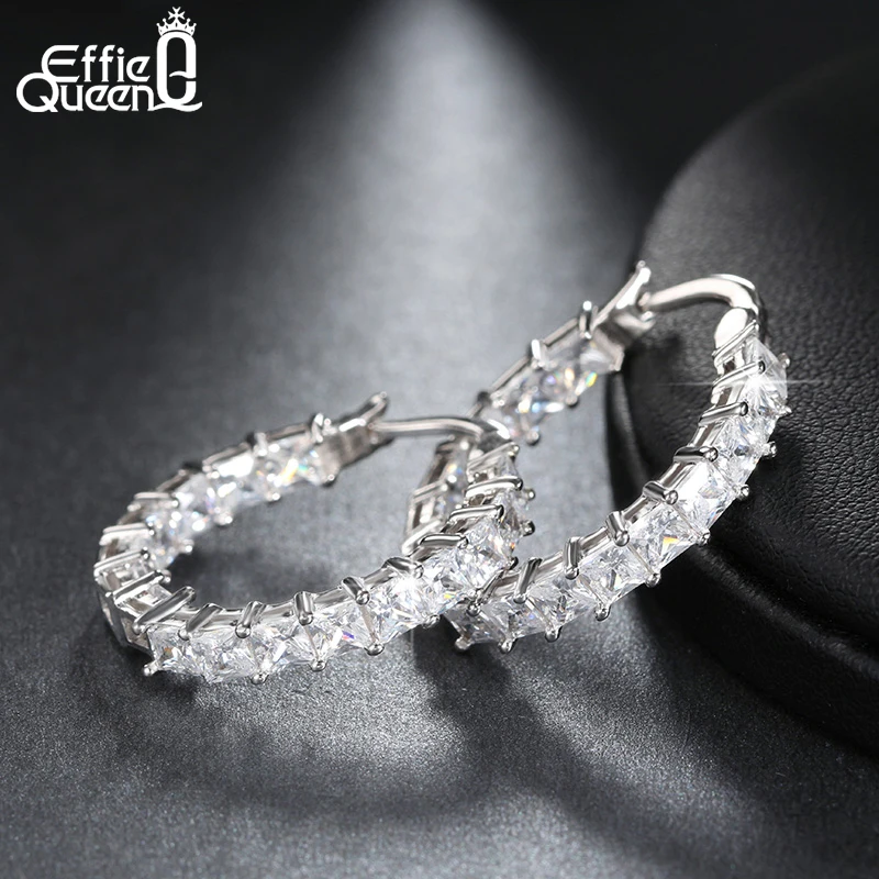 Effie Queen Big Round Hoop Female Earring Eternity Style Shiny Zircon Luxury Earrings for Women Prong Setting Design HOE144