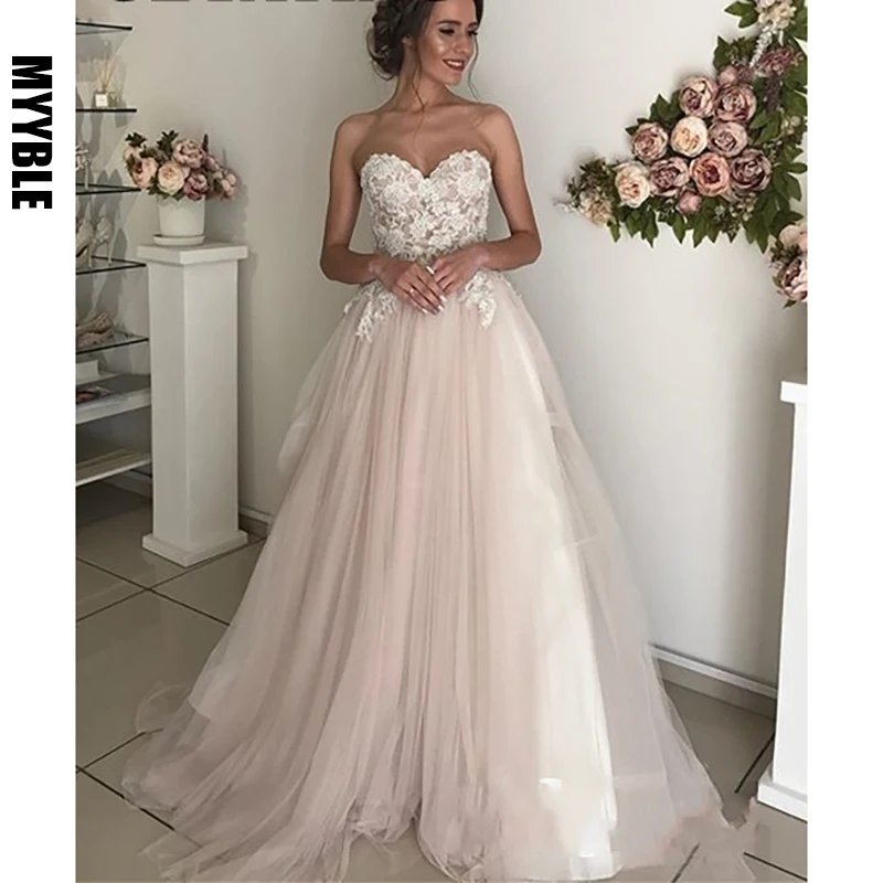 

Blush Pink Tulle Wedding Dress 2021 Elegant Appliqued Lace Sweetheart Sweep Train Cheap Wedding Gowns A-line Boho Bride Dresses