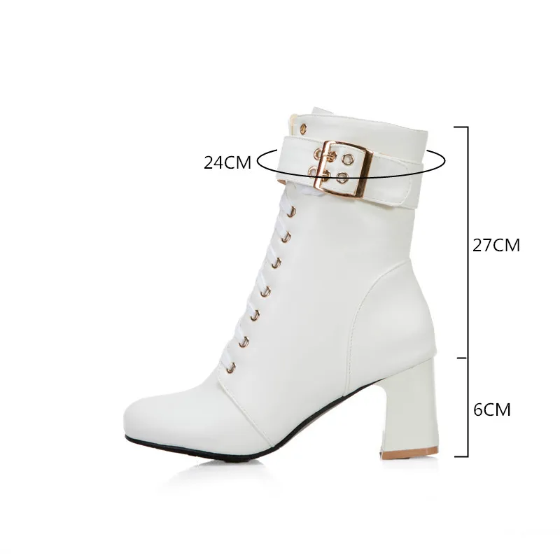 YQBTDL Fashion Sweet Woman Shoes High Heel Buckle Strap Cross Tied Lace Up Autumn Winter Booties Pink White Black Ankle Boots 43