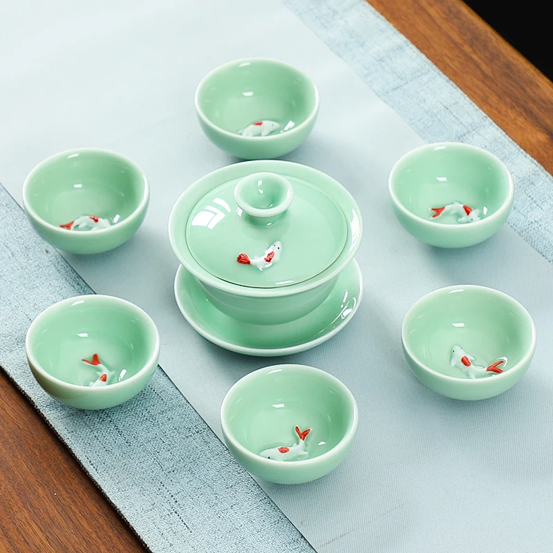 6pcs Cups Tea Pot and Cup Set Vivid Fish Jade Green Teacups Gongfu Tea Set Ceramic Chinese Tea Set Coffee Mug Set of 6