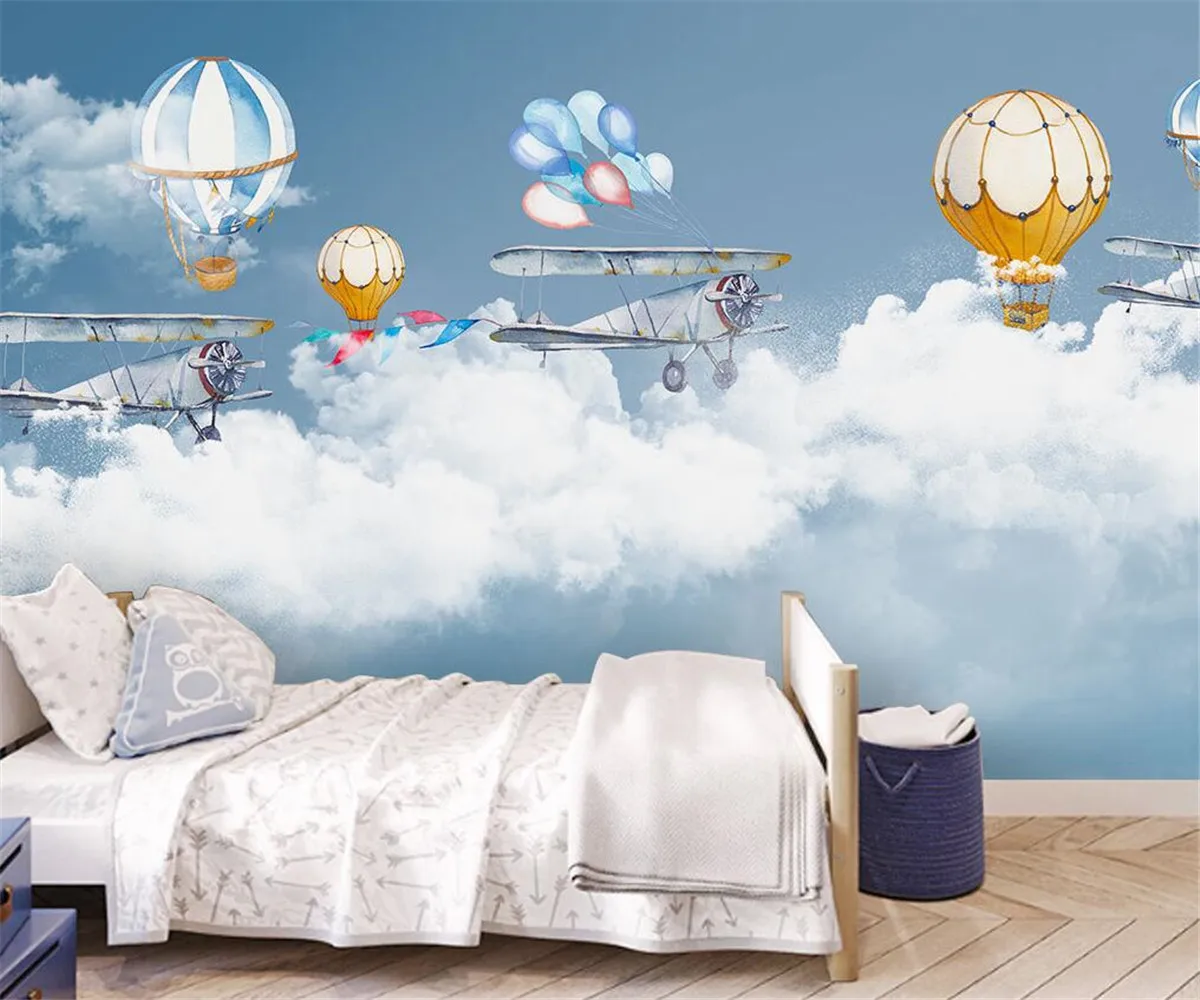 

Custom Wallpaper photo Nordic hand-painted cartoon hot air balloon starry sky children's room background wall Mural 3d wallpaper