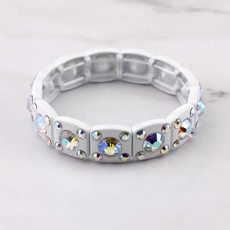 

ZWPON Rainbow Mini Facted Glass Crystal Braclet Bangle Geometric Square Alloy Frame Fashion Elastic tring Bracelet for Woman