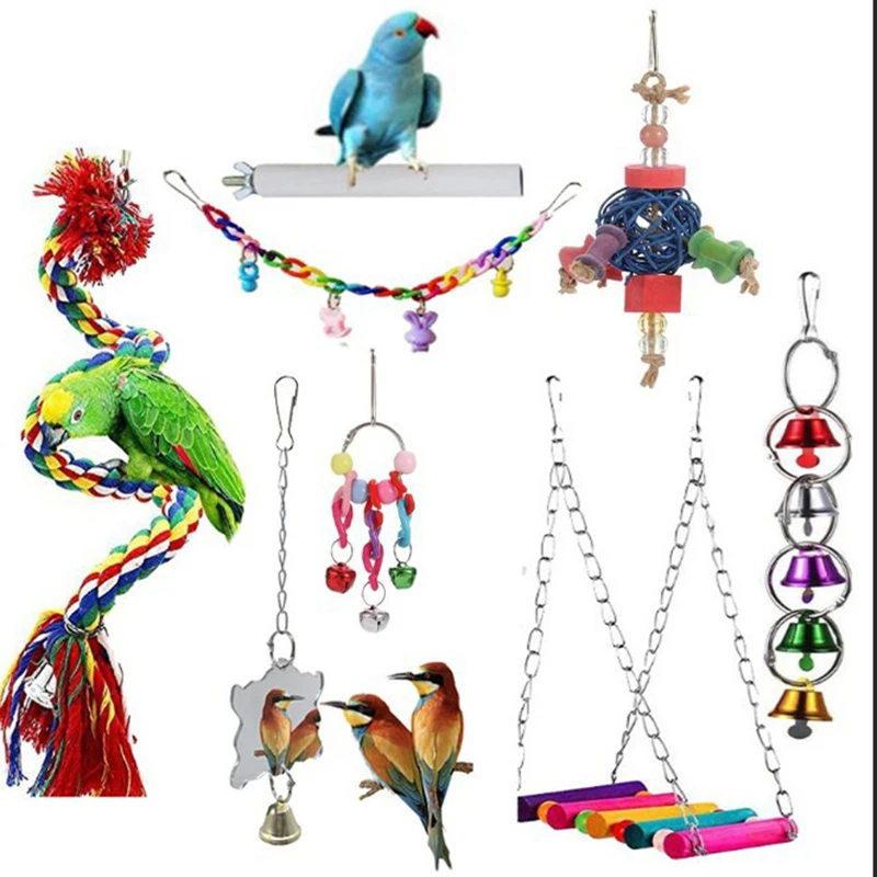 

8PCS Parrot Toys Bird Swing Bird Hanging Chew Toy Bird Cage Suspension Bridge Station Barbell Bird Parakeet Cage Toy Supplies