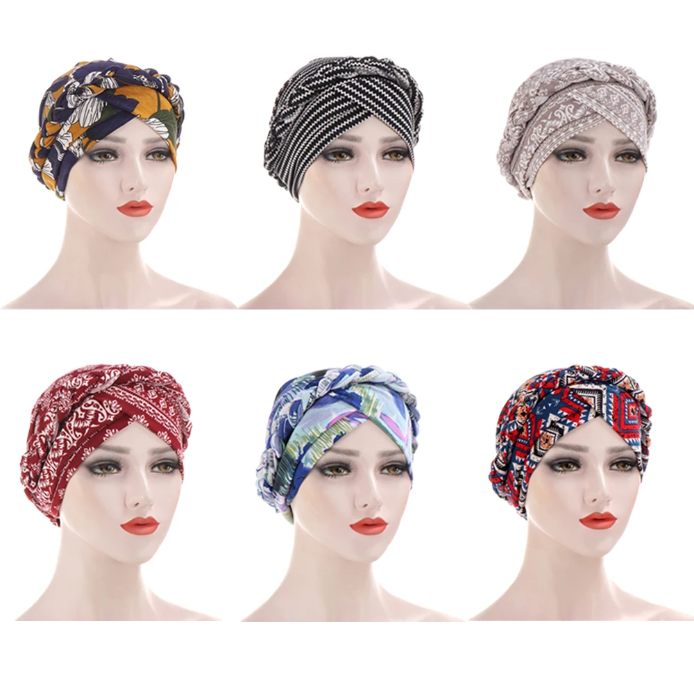 

New Women Flower Printed Braid Hijab Caps Spring Autumn Muslim Wrap Turban Cap Fashion Inner Hijabs Bonnet Beanies Ready To Wear