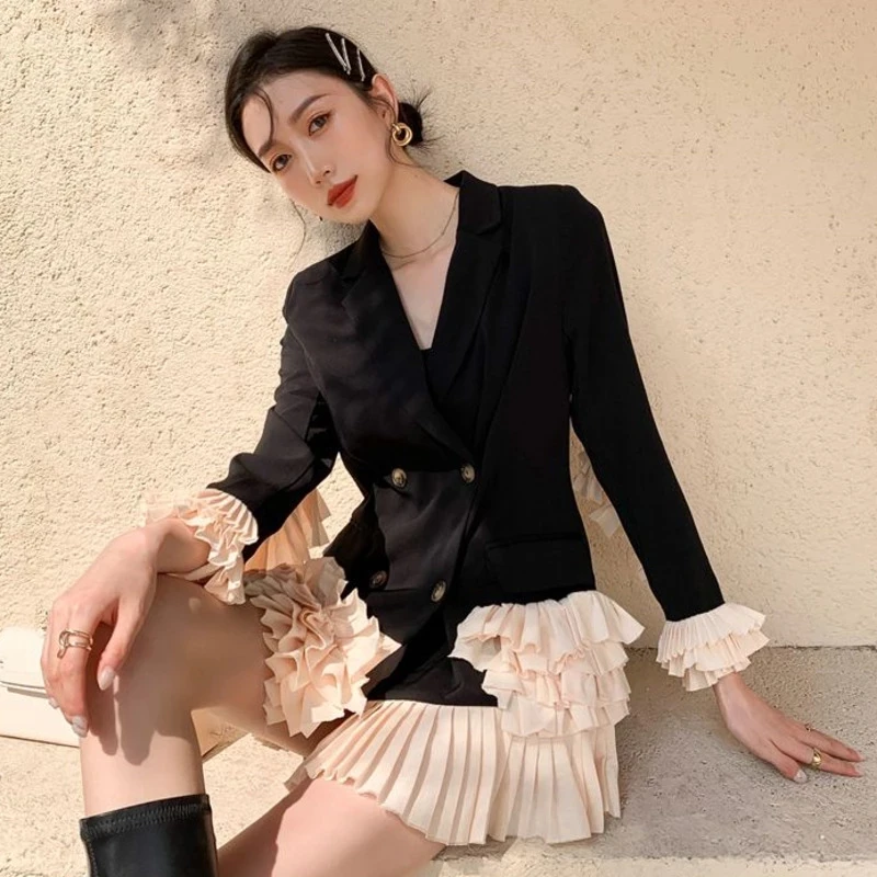 Women Notched Collar Long-sleeved Blazer Coat Female Double Breasted Loose Sweet Patchwork Ruffles Suit Tops