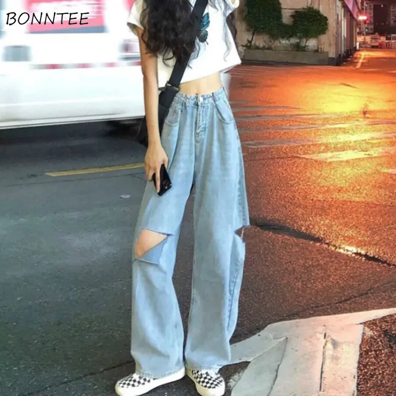 Jeans Women High Waist Chic Hole Design Ulzzang Summer Wide-leg College Girls Streetwear Retro Stylish Lady Full Length Trousers