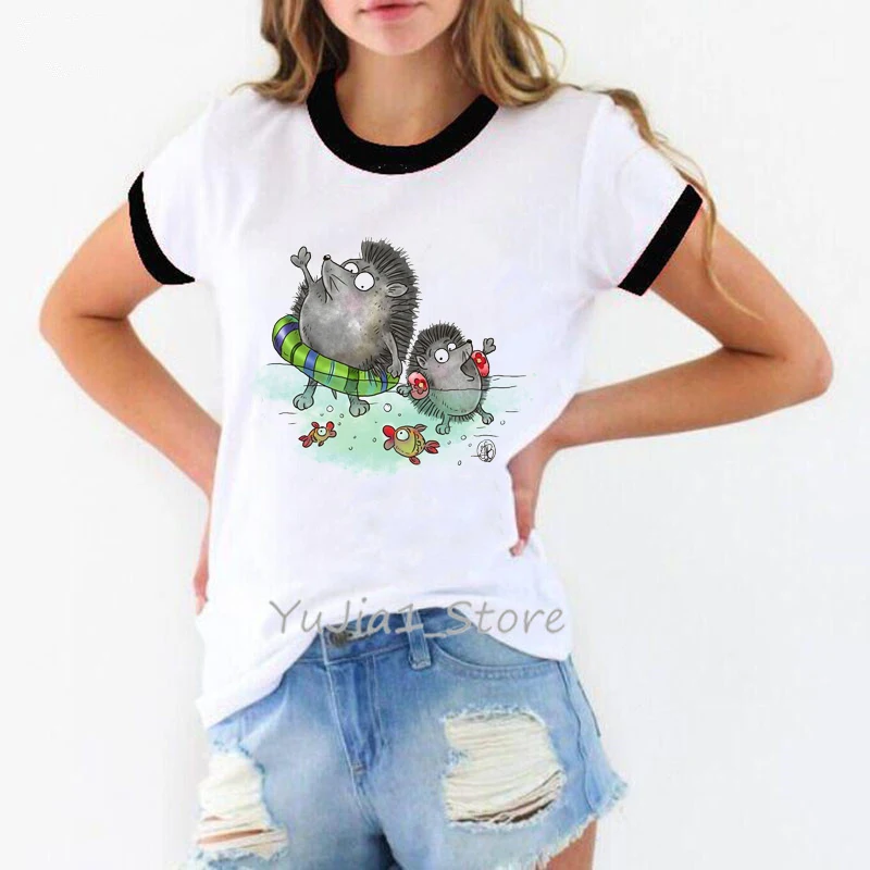 Summer 2024 Funny Cute Hedgehogs Animal Print Female T-Shirt Women White Short Sleeve T Shirt Ringer Tee Diy Custom Tshirt Tops