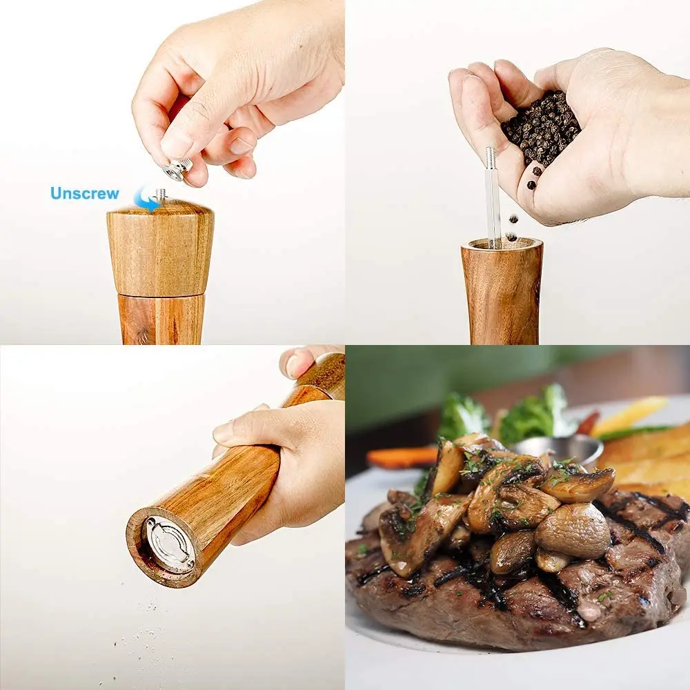 Wooden Salt and Pepper Grinder, Adjustable Manual Salt Grinder, Acacia Wood, 8 inch, Suitable for Picnic, Parties, Restaurant