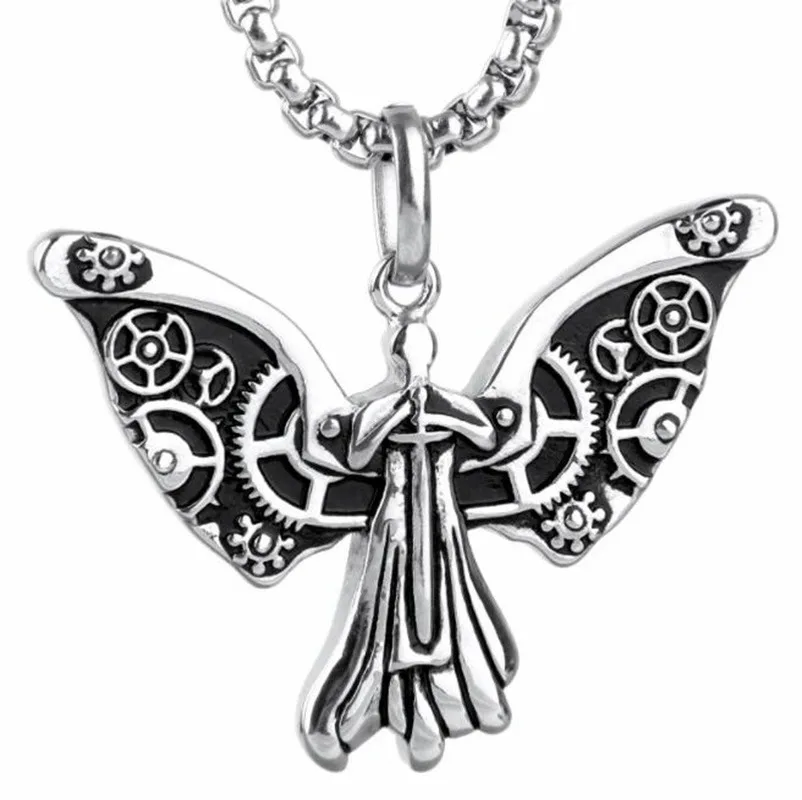 Fashion Personality Punk Angel Gear Pattern Wing Pendant Necklace for Men Trend Rock Hip Hop Jewelry