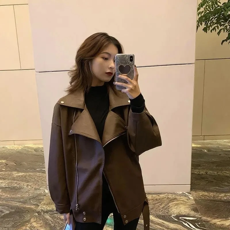 Brown Faux Leather Jacket With Belt Spring Autumn 2024 Korean Lapel Long Sleeve Black Biker Jacket Casual Streetwear Short Coat