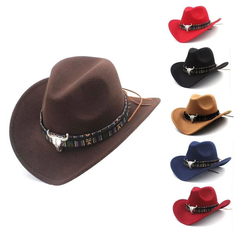 Ethnic Style Cowboy Hat Fashion Chic Unisex Solid Color Jazz Hat With Bull Shaped Decor Western Cowboy Hats