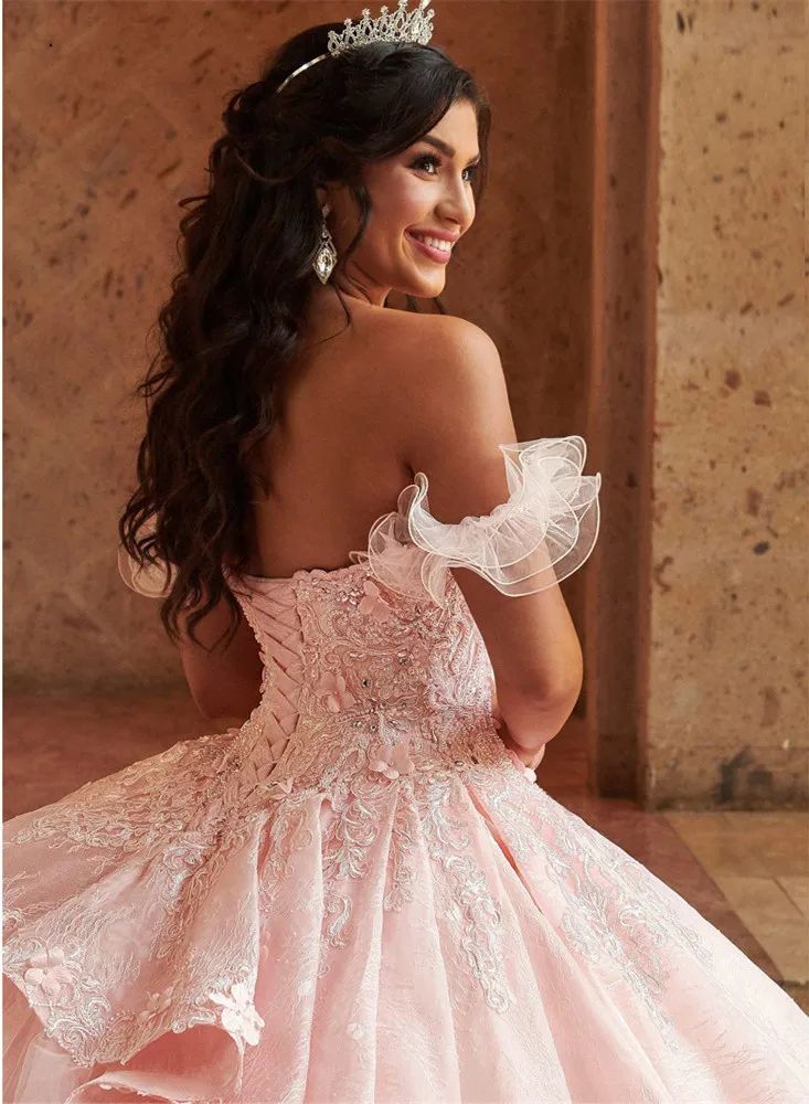 Lavanda-vestidos de quinceañera con hombros descubiertos, apliques de encaje, flor dulce, 16 vestidos de desfile, 15 años, 2021