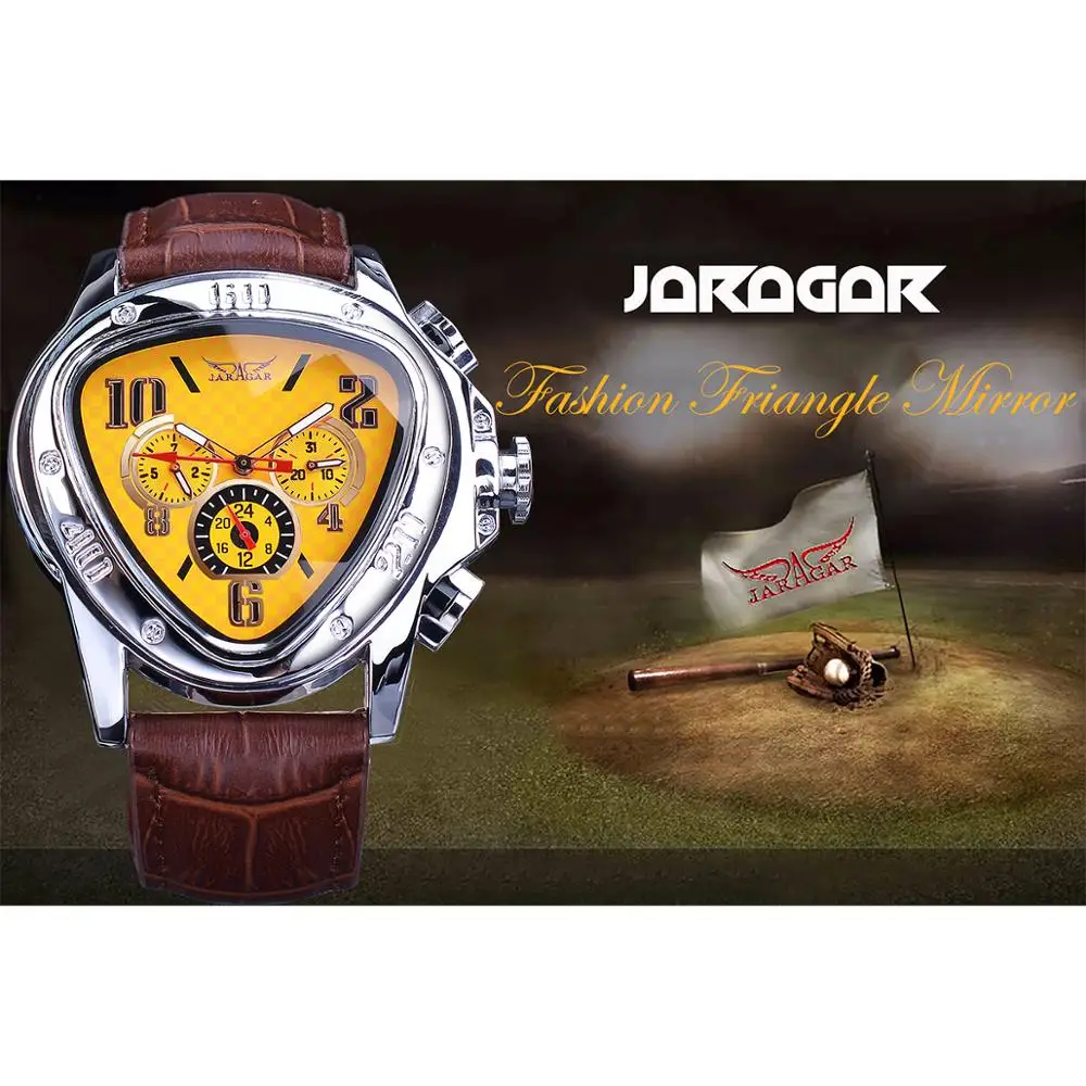 Jaragar Sport Fashion Design Geometric Triangle Case Brown Leather Strap 3 Dial Men Watch Top Brand Luxury Automatic Watch Clock