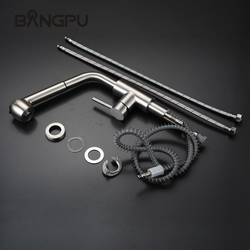 Imagem -06 - Bangpu Cozinha Pull Out Torneira da Pia Único Furo Deck Montado Fluxo Pulverizador Bico de Níquel Escovado