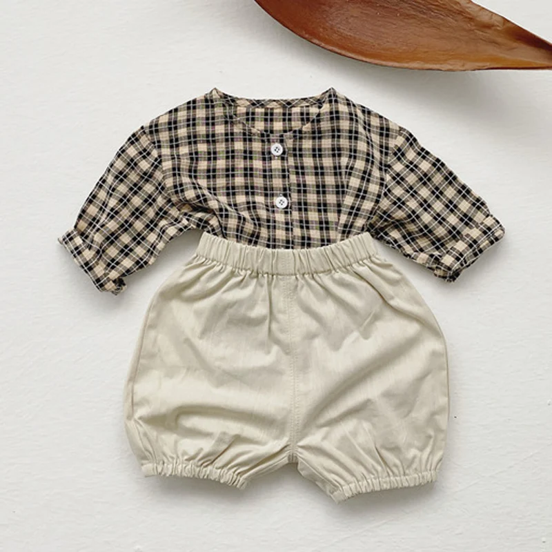 MILANCEL Baby Set Plaid Shirts And Solid Shorts 2 Pcs Suit Infant Clothes