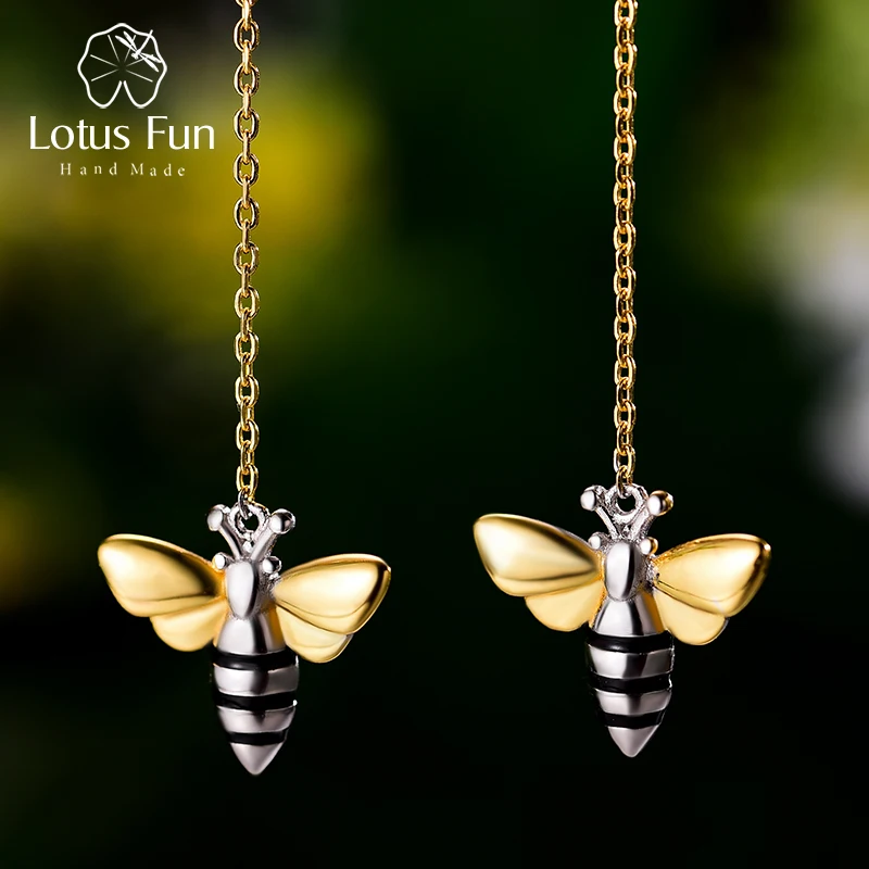 Lotus Fun Lovely Honey Bee Dangle Earrings Real 925 Sterling Silver Handmade Designer Fine Jewelry Earrings for Women Bijoux