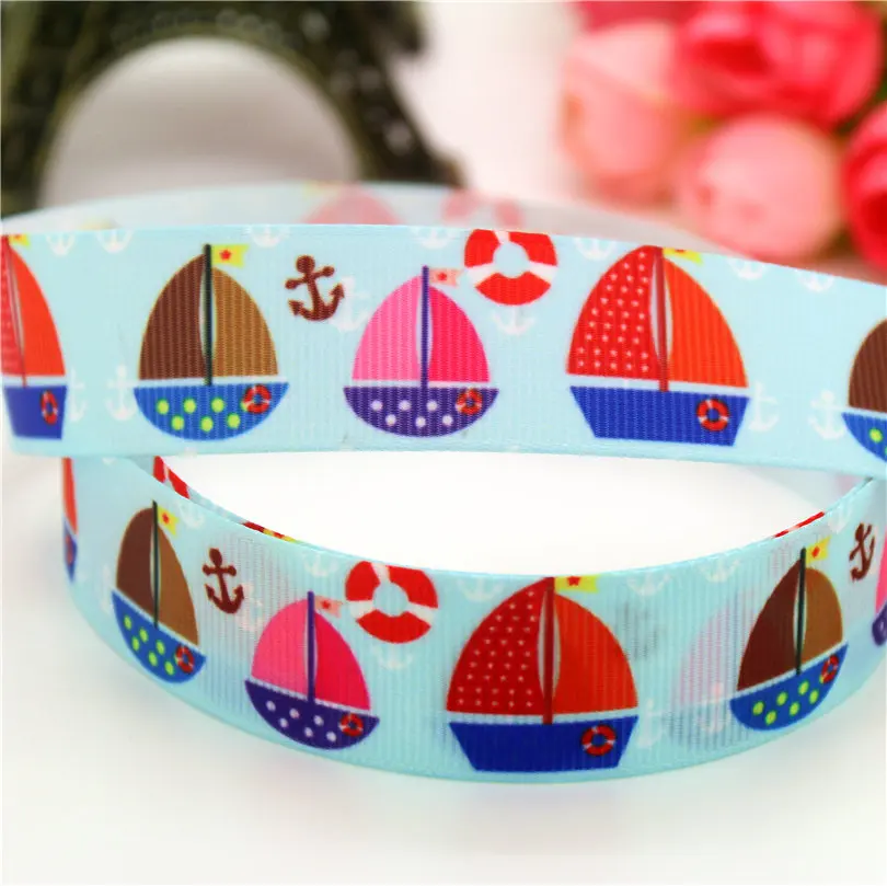 DHK 7/8'' 5yards sea boat printed grosgrain Ribbon headwear hair bow diy party decoration wholesale OEM 22mm E1199