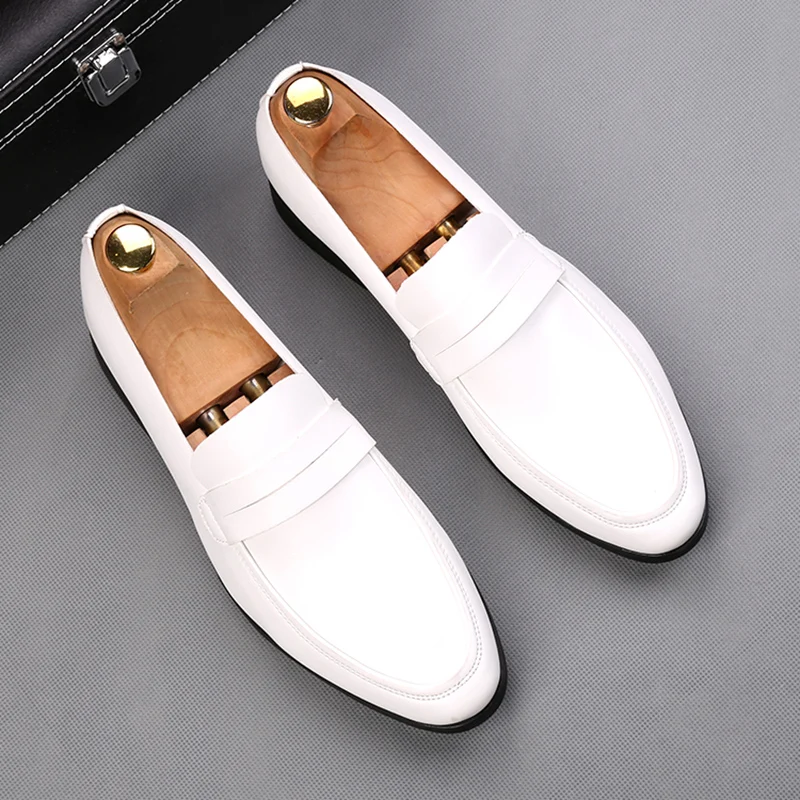 British designer men's loafers slip-on genuine leather casual shoes breathable black white shoe smoking slippers formal dress