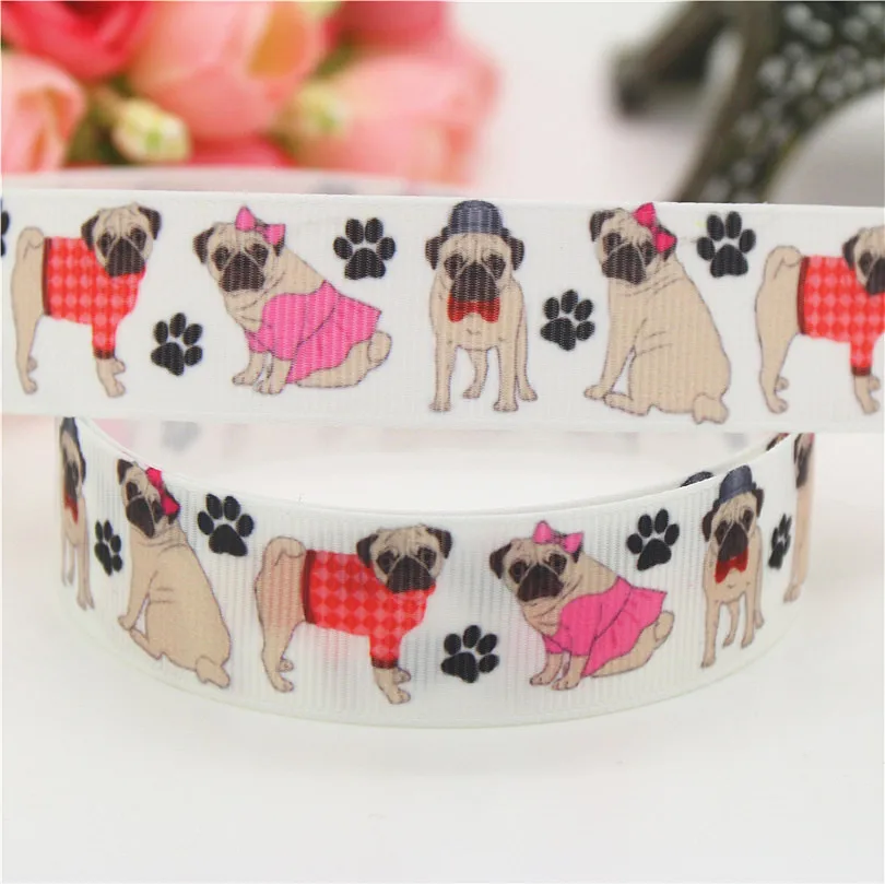 DHK 7/8'' 5yards dog lovely pug bulldog printed grosgrain Ribbon headwear hair bow diy party decoration OEM 22mm E1180