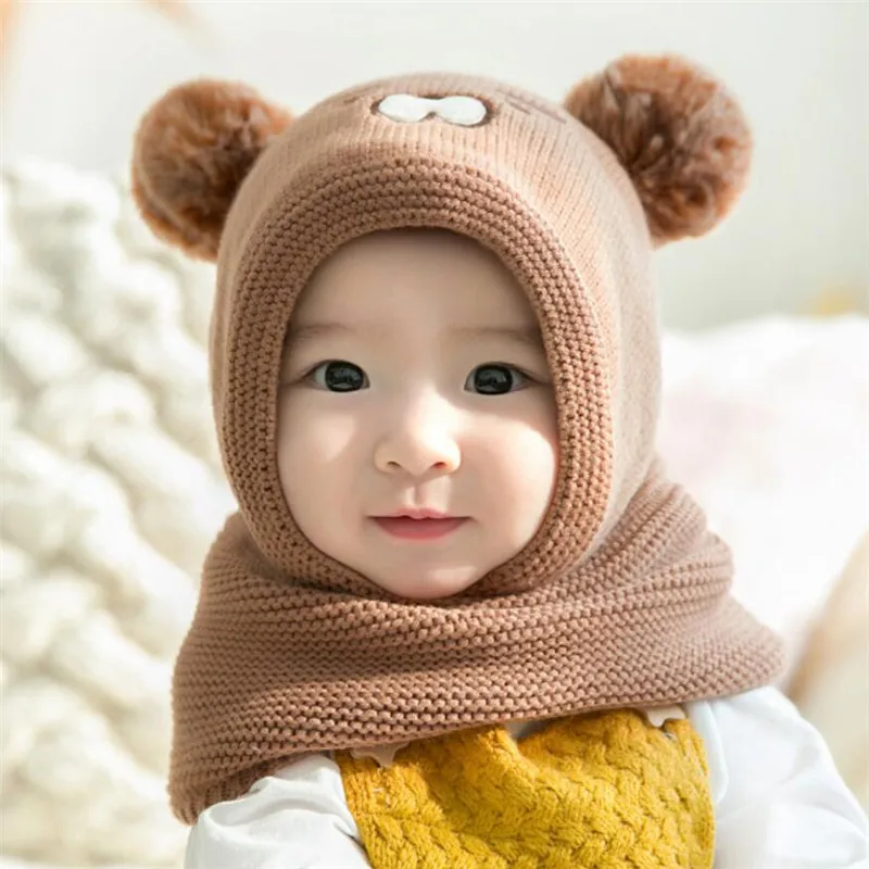 

2019 Baby Knit Short Plush inlayer Hooded Scarf Kid Hat And Scarf Child Winter Warm Protection Ear Hat Girl Boy Cute Pom Pom Cap