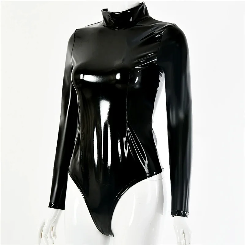 Faux Latex High Cut Sexy Long Sleeve Bodysuit Wetlook Turtleneck PVC Catsuit Body Sculpting Bodystocking Shiny Cosplay Swisuit