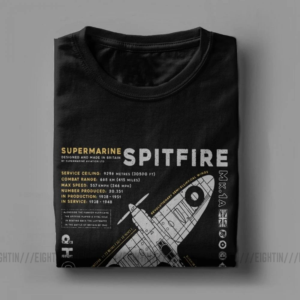 Novelty Spitfire T-Shirt Men 100% Cotton T Shirts Fighter Plane WW2 War Pilot Aircraft Airplane Short Sleeve Tees Party Clothes