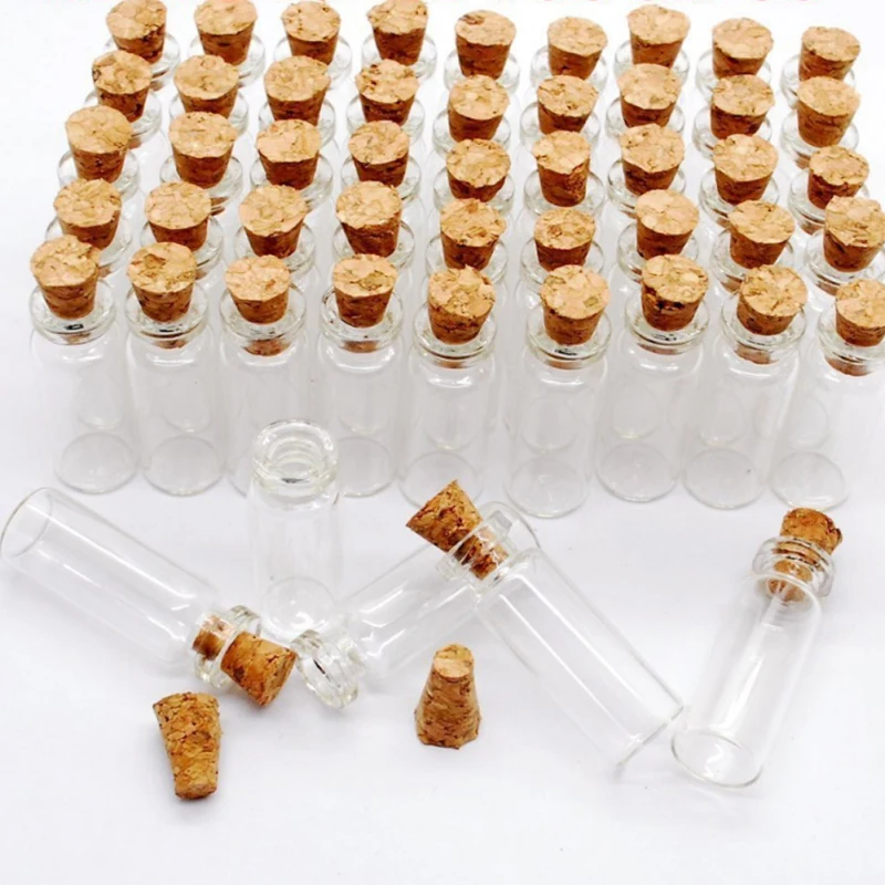 10PCS 1*2.8cm Mini Glass Wishing Bottle Pendant Small Clear Transparent Jar Wooden Stopper Glass Bottle