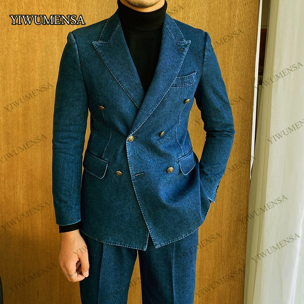 

Tailor-Made Suits Men Blue Denim Wedding Tuxedo Double Breasted Coat Pant 2 Piece Groom Blazer Sets Male Fashion Business Dress