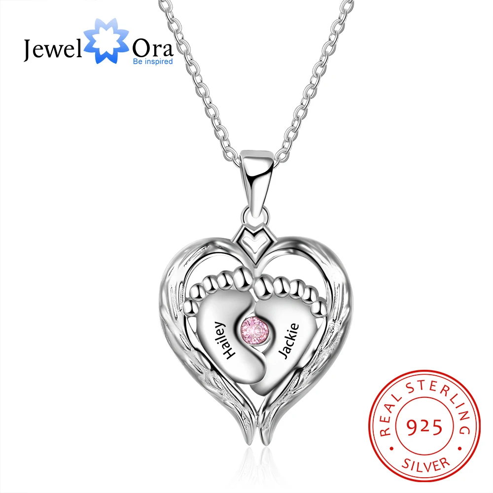 

JewelOra 925 Sterling Silver Personalized Baby Feet Necklace with Birthstone Silver 925 Heart Pendant Jewelry Gift for Mother