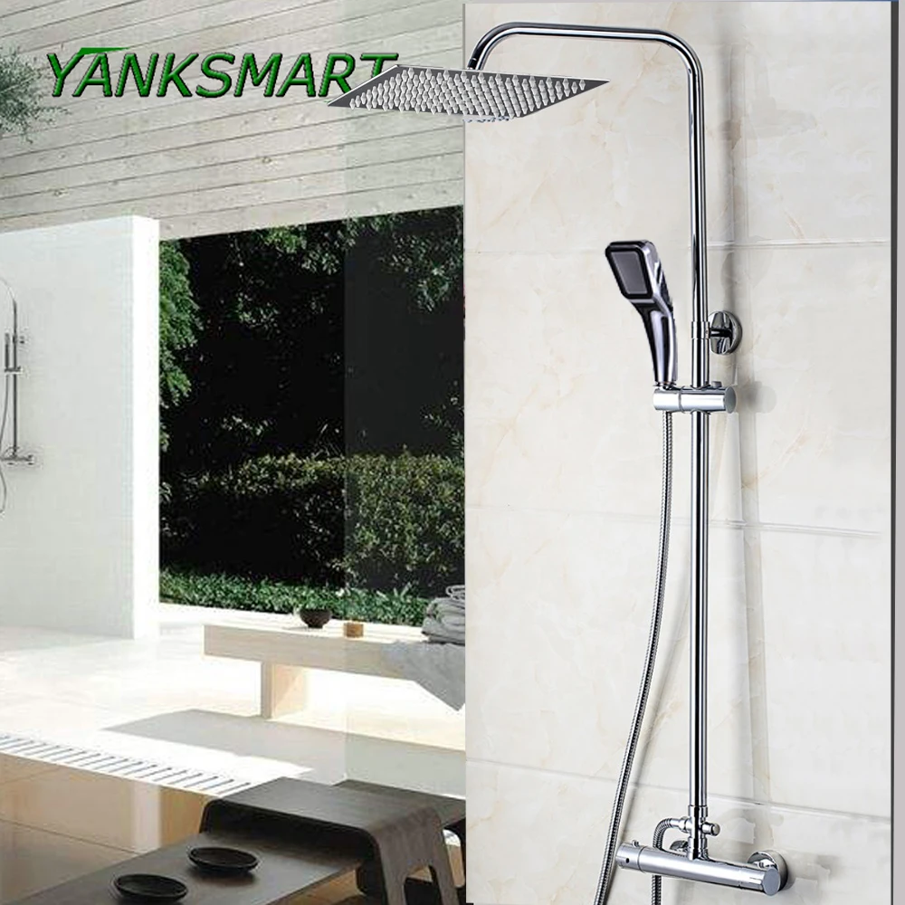 YANKSMART Bathroom Thermostatic Shower Set Square Shower Faucet Mixer 8,10,12,16 Shower Head,Square Hand Shower Chrome Finished